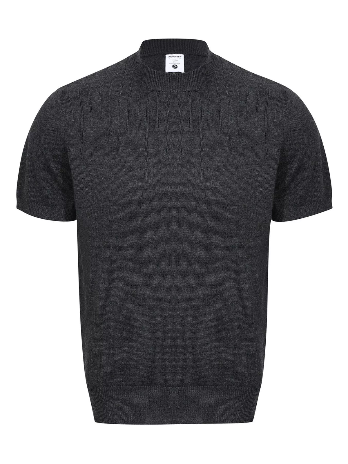 Men's ribbed knit top with a mock neckline and short sleeves.