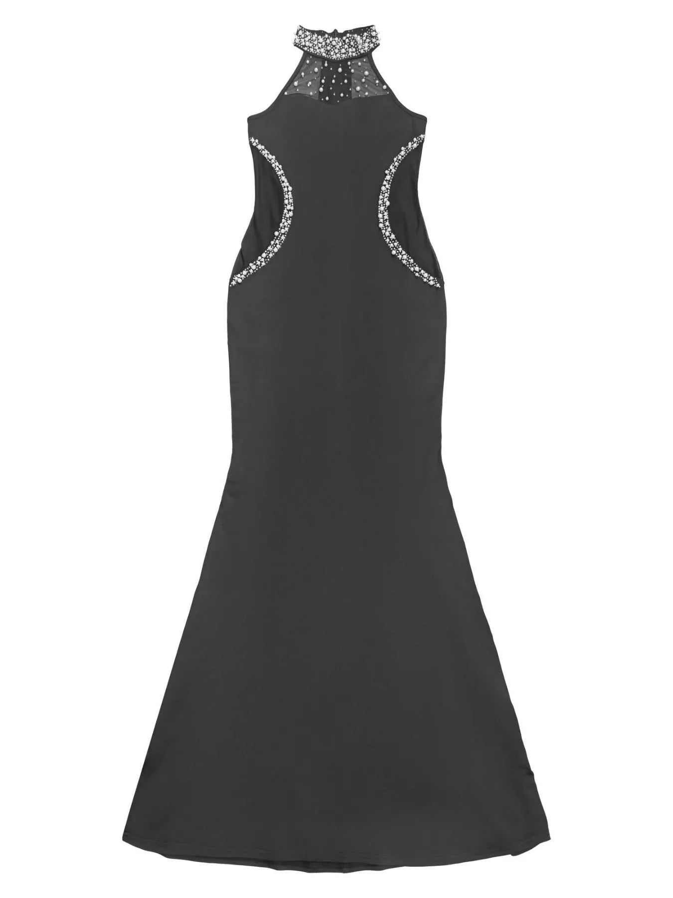 Flat front view of black sleeveless maxi dress with pearl halter neckline and waist trim