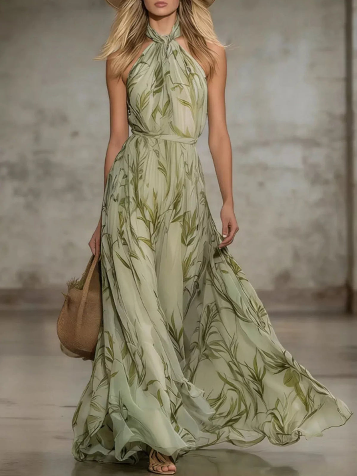 Front view of a matcha leaf print sleeveless chiffon maxi dress with a tied halter neck