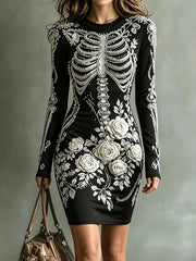 Black long sleeve bodycon dress with white skeleton and rose print, front view