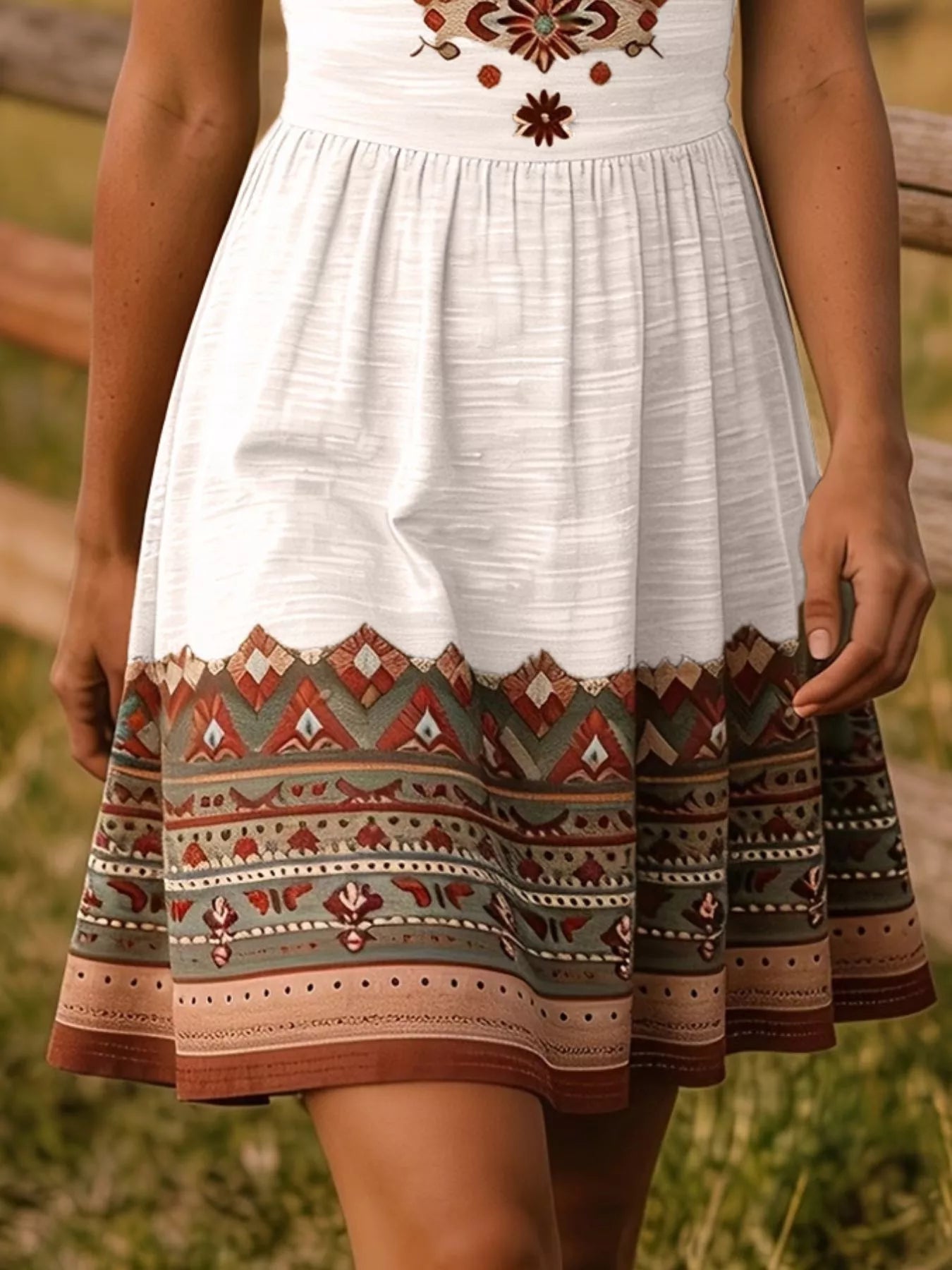 Close view of white tribal print dress skirt with patterned border hem