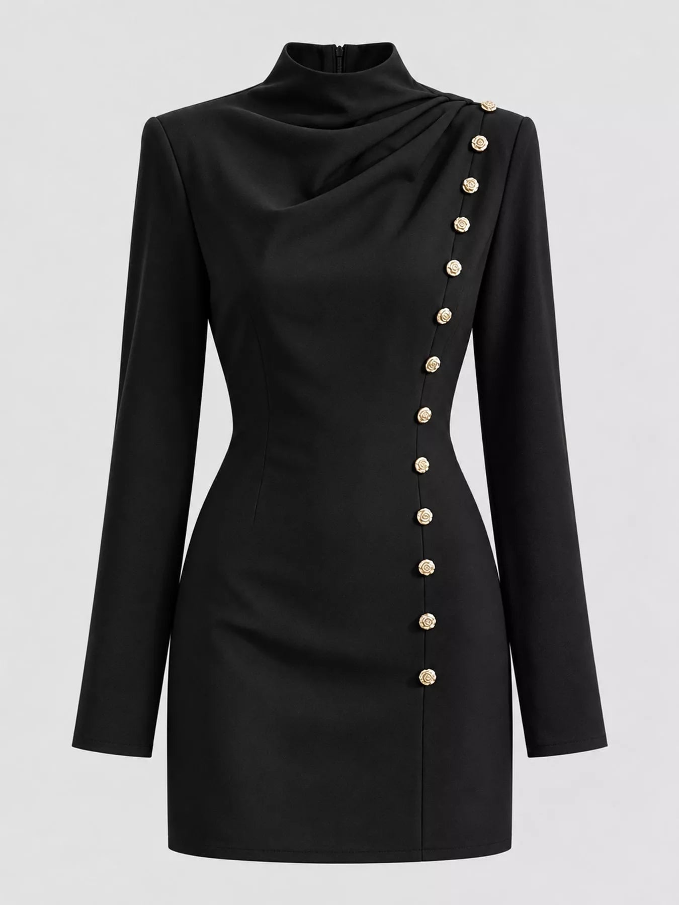 Ghost mannequin front view of black mock neck mini dress with gold decorative buttons and long sleeves