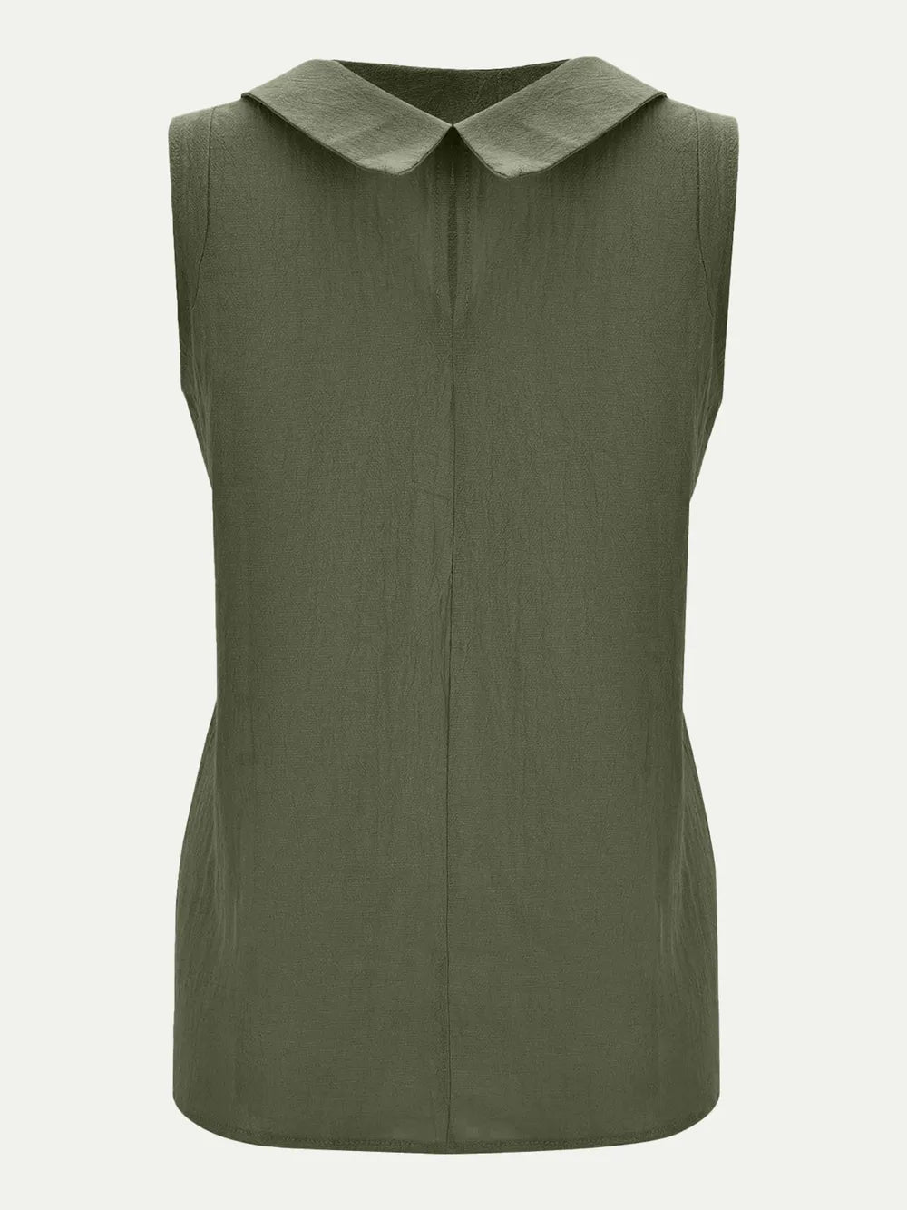 Olive green sleeveless top with a pointed collar, fitted waist, and rounded hem set against a plain background