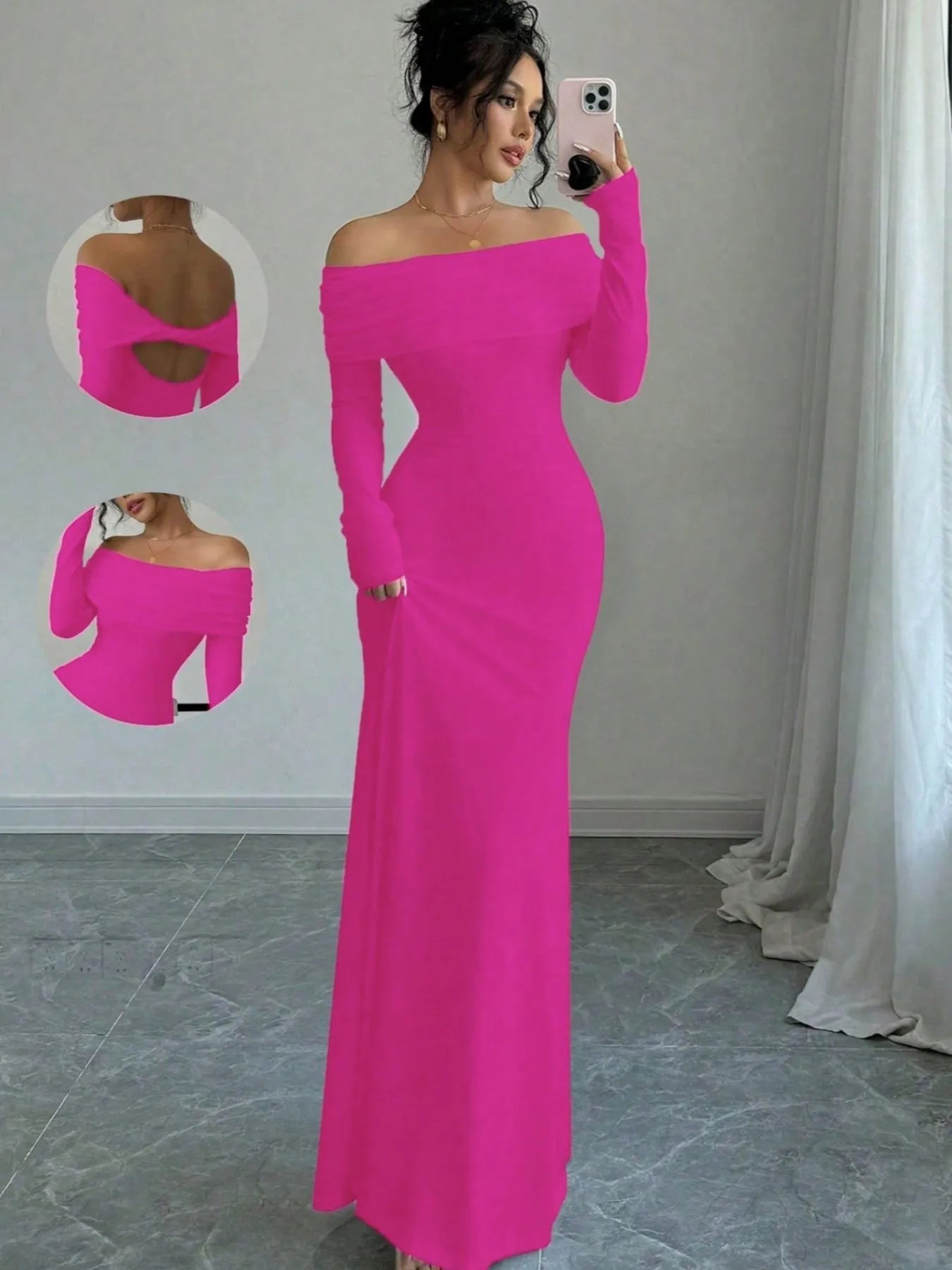 Full front mirror view of vivid pink off shoulder bodycon maxi dress with back detail insets
