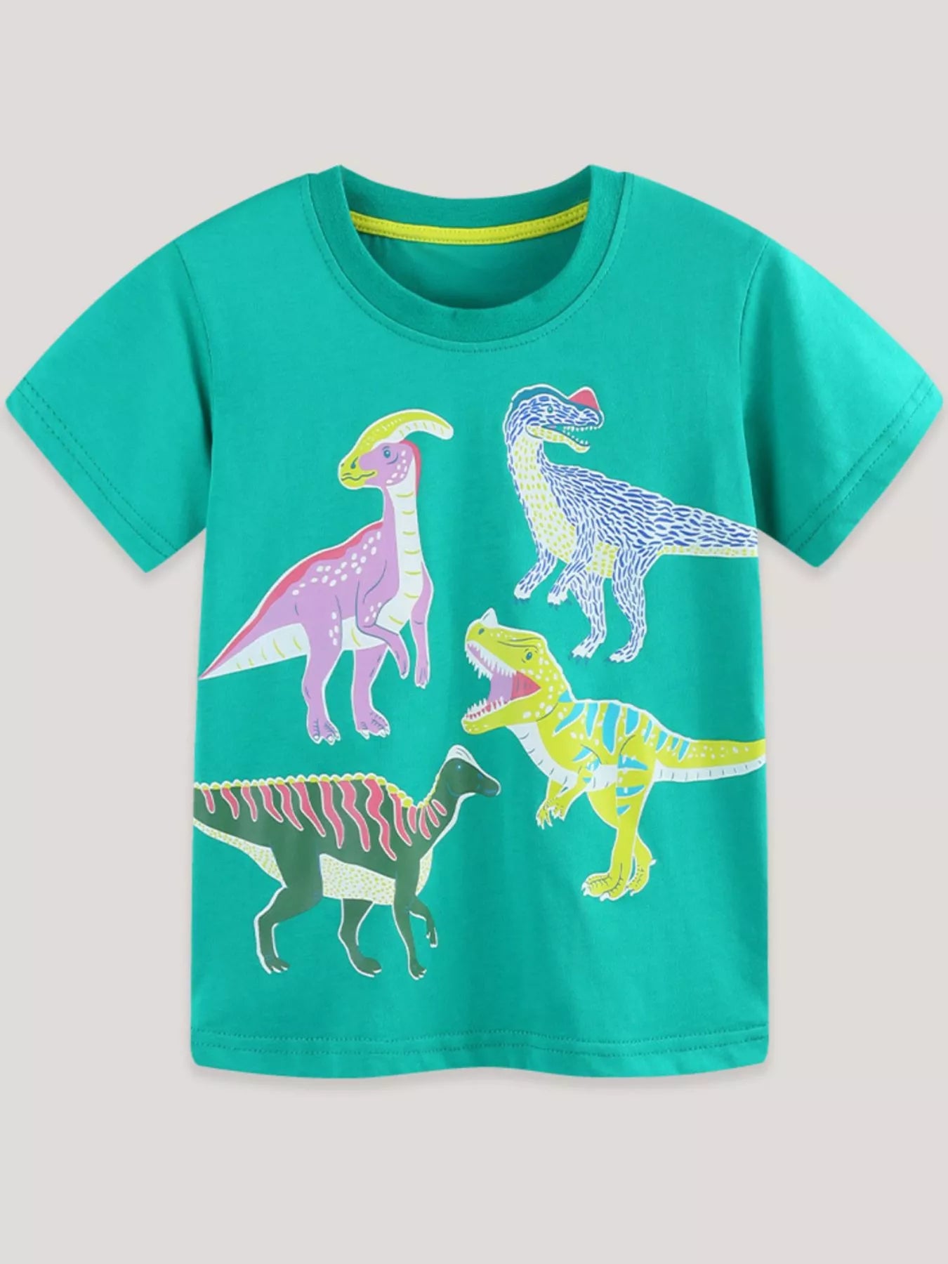 Flat lay front view of turquoise children's crew neck t-shirt with four colorful dinosaur prints and yellow neckline trim