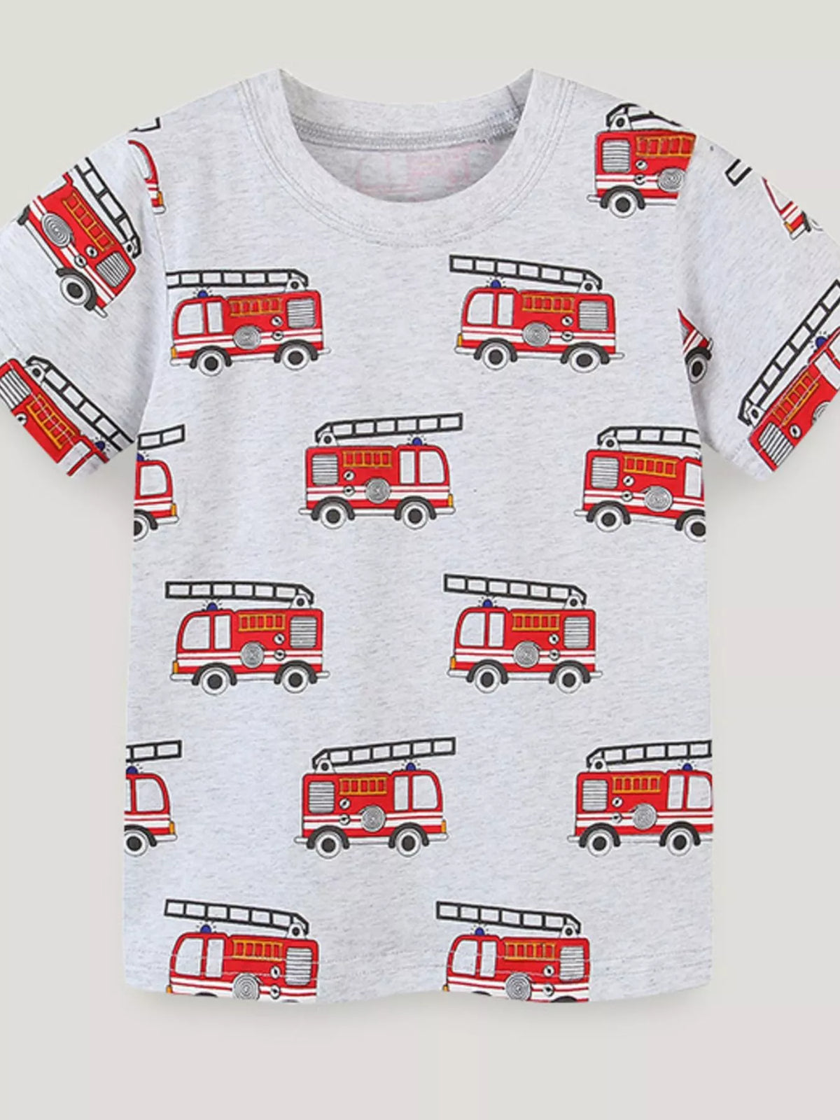 Children's light gray crew-neck T-shirt featuring a fire truck print.