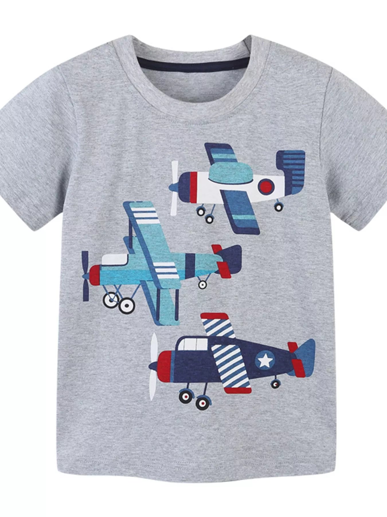 Light gray children's t-shirt with three colorful cartoon airplanes in blue, red and white, front view