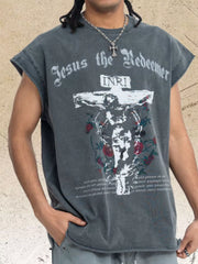 Men's cotton tank top with a round neckline and graphic design.