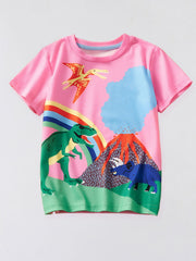 Front view of a blush pink children's t-shirt with dinosaurs, a volcano, and a rainbow