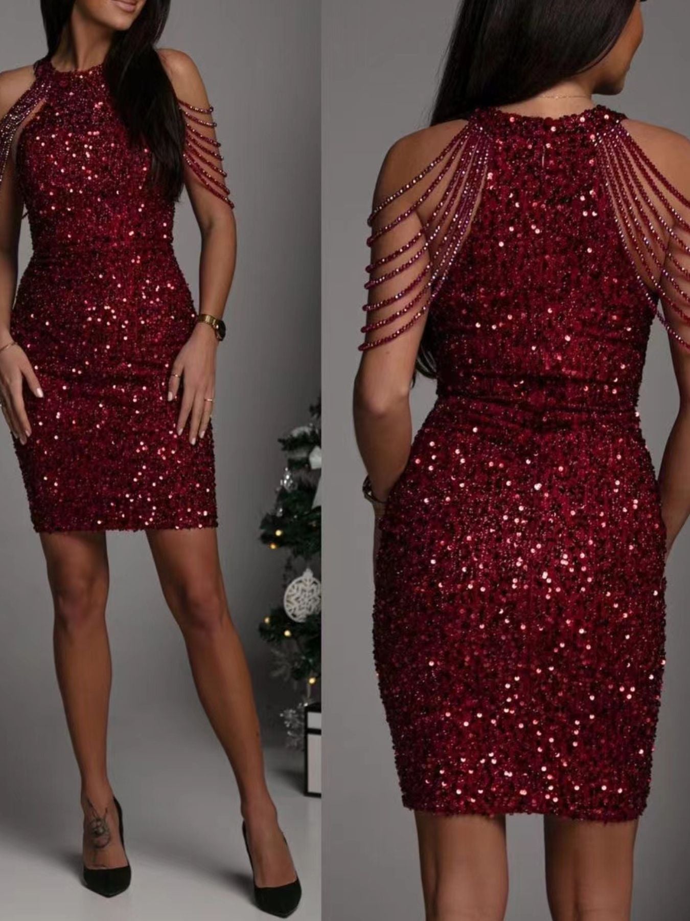 Burgundy sequin embellished plus size bodycon mini dress shown front and back side by side on model