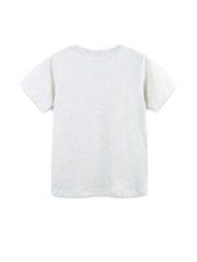 Flat lay back view of plain light gray children's short sleeve crew neck t-shirt
