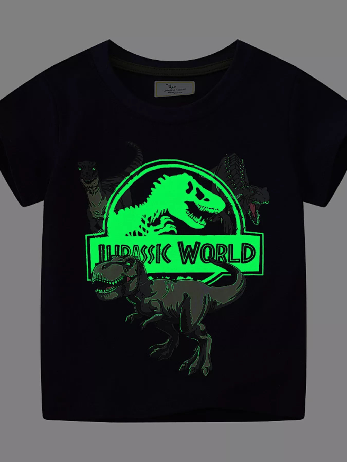 Front view of black children's tee in the dark with glowing green dinosaur logo