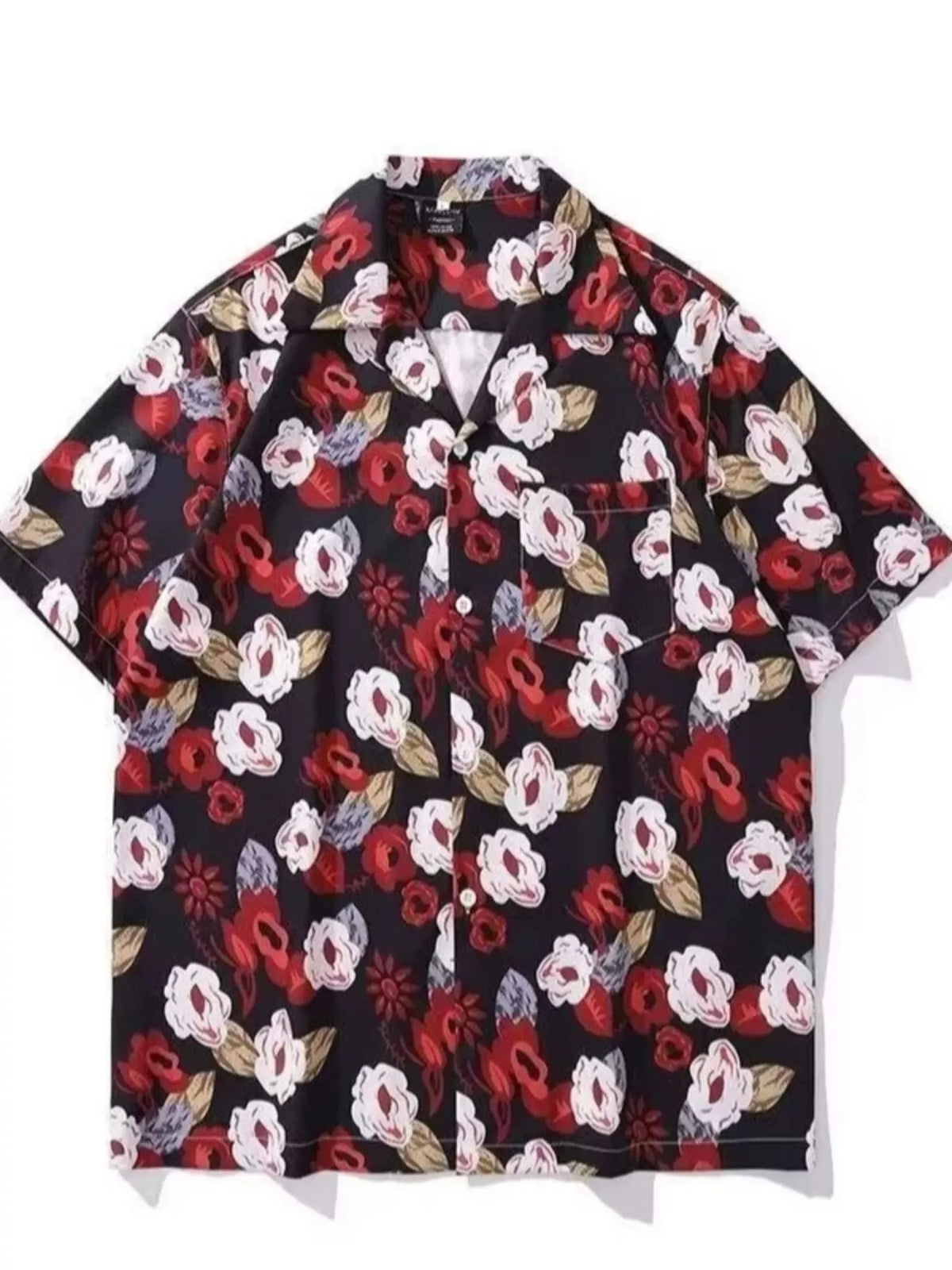 Men's plus-size floral-print shirt with short sleeves in a cotton-spandex blend.