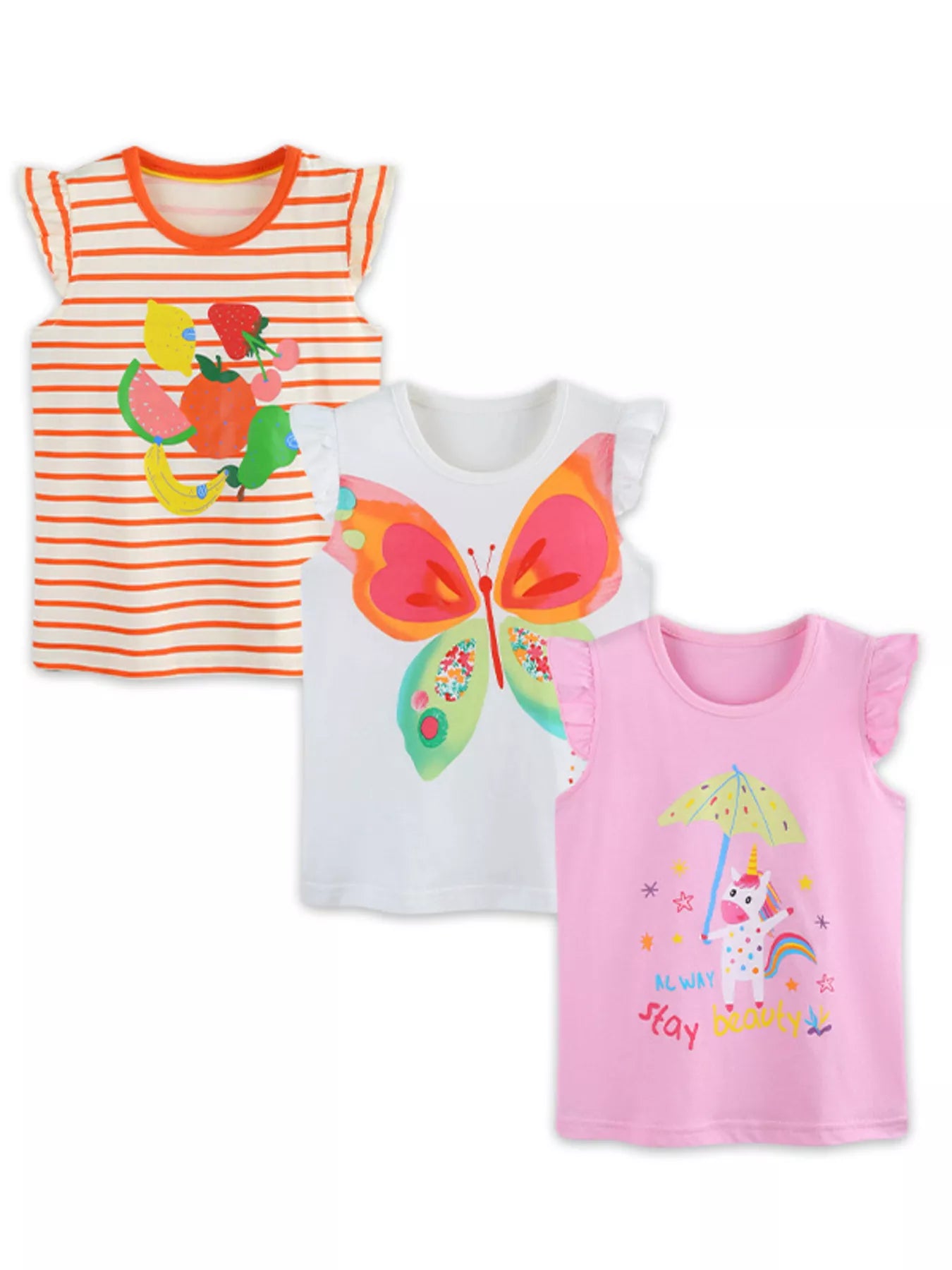Three children's ruffle tops together striped fruit print white butterfly and pink unicorn designs