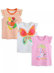 Three children's ruffle tops together striped fruit print white butterfly and pink unicorn designs