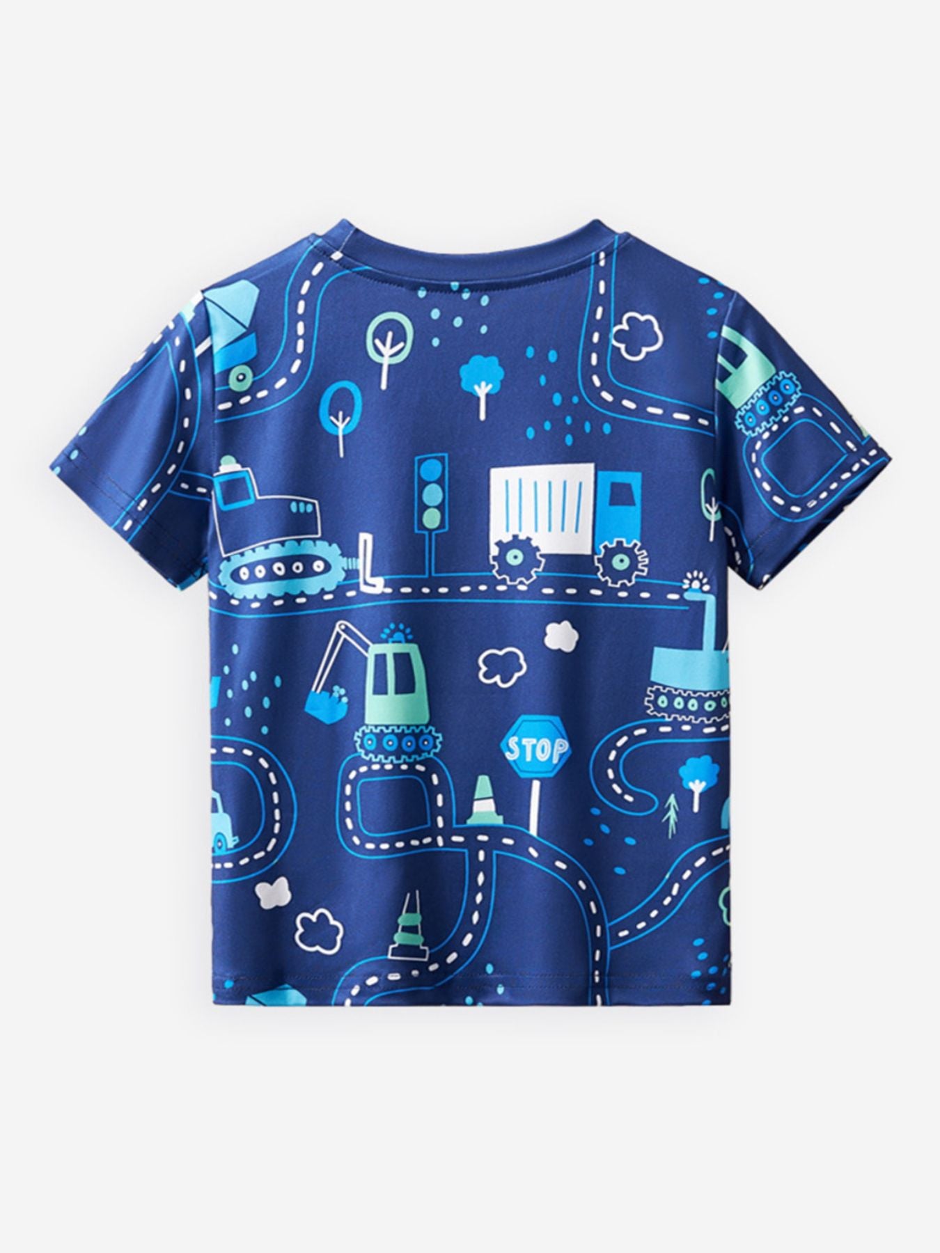 Flat lay back view of children's dark blue tee with road and construction vehicle print