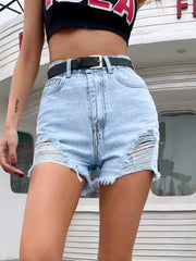 Women's distressed denim shorts with buttons, pockets, and raw hems.