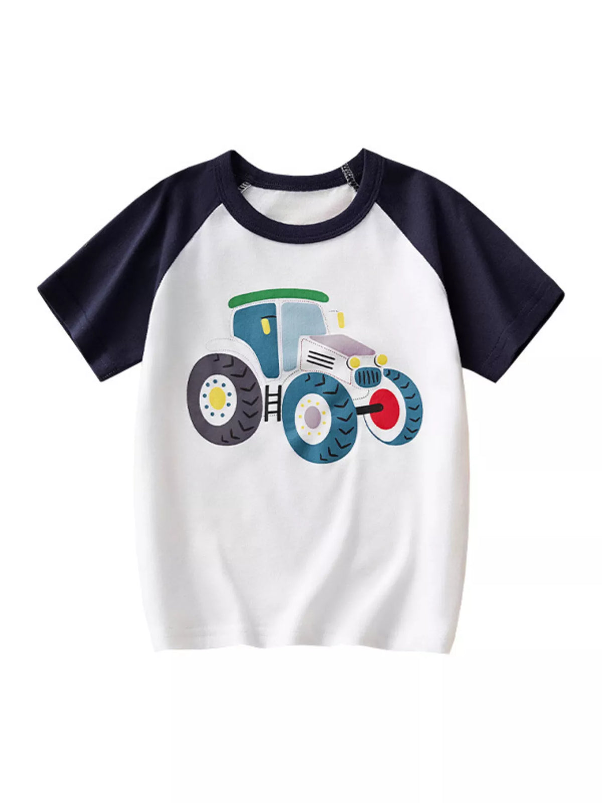 White children's short sleeve T-shirt with navy raglan sleeves laid flat featuring a cartoon tractor