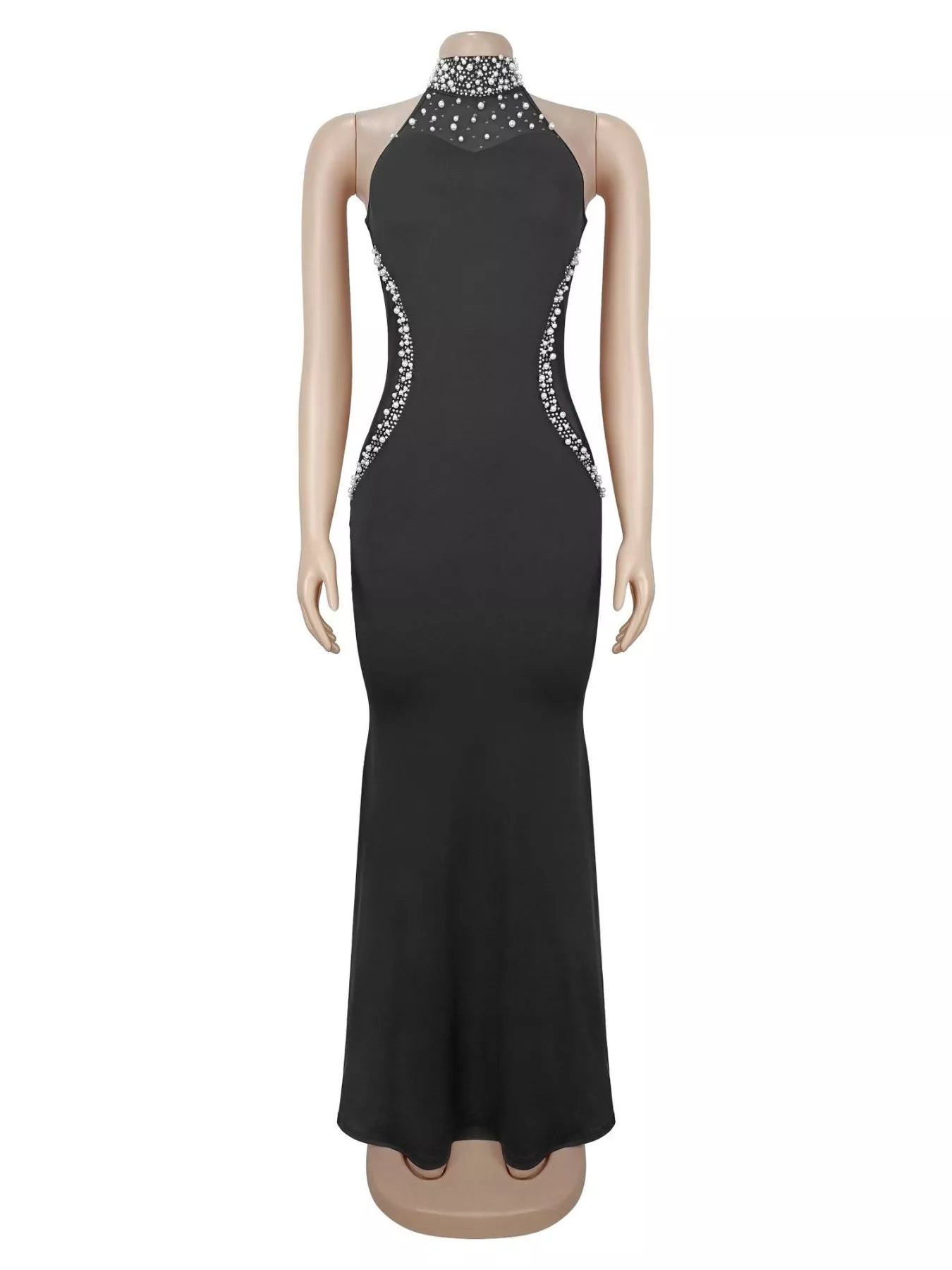 Black sleeveless maxi dress with pearl halter neckline shown on mannequin in front view