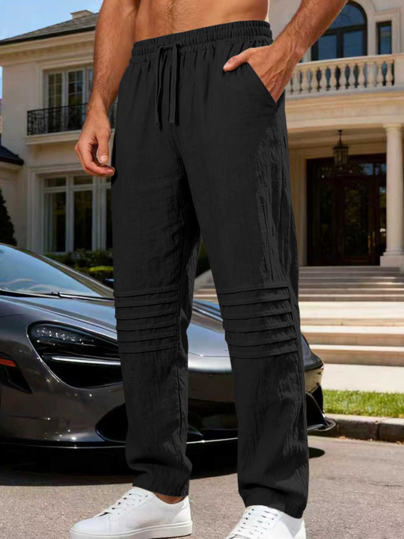 Men's casual drawstring pants with pockets.
