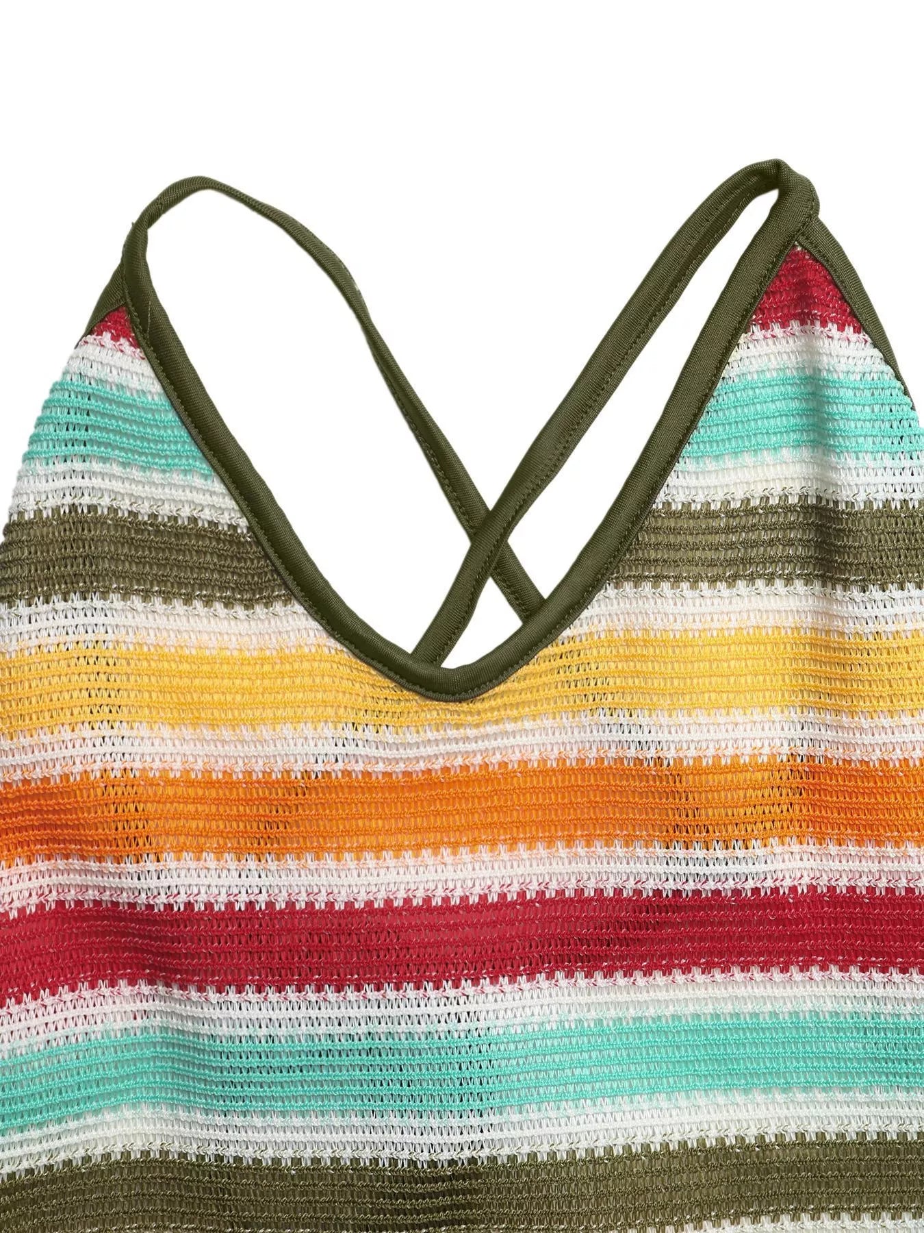 Flat back view of multicolor striped knit bodice with crisscross army green straps