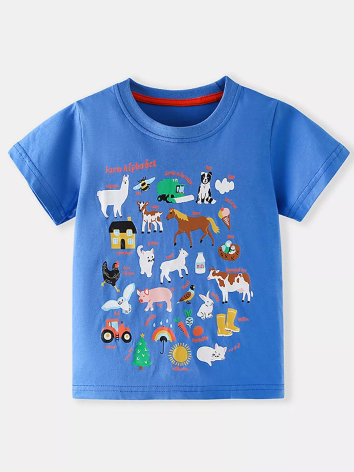 Flat lay front view of blue children's crew neck t-shirt with farm alphabet animal and vehicle print