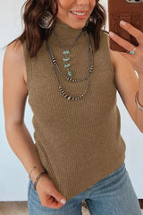 Close mirror view of the mocha ribbed mock neck sweater vest