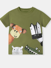 Flat front view of a moss green children's crew neck tee with large cartoon animal faces