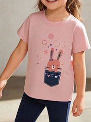 Worn front view of dusty pink children's tee with bunny peeking from denim pocket