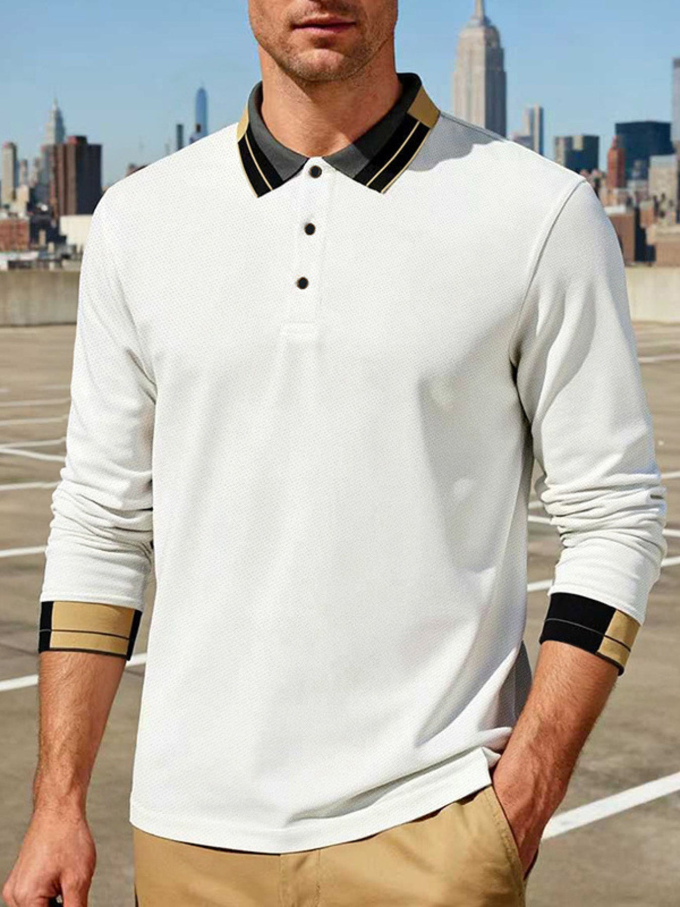 Men's long-sleeve polo with button detailing and a plus-size range.