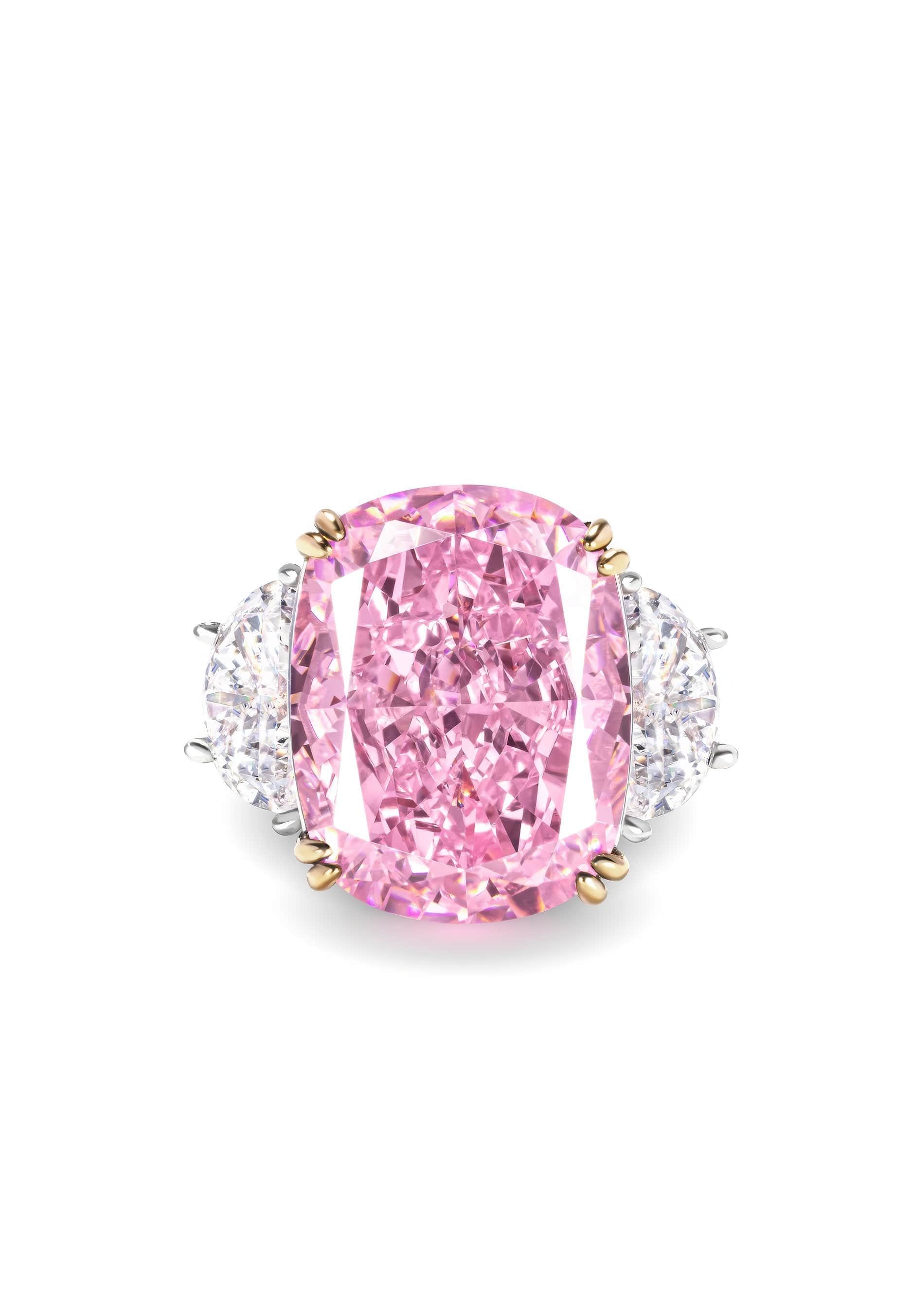 7 Carat Fancy Light Pink Cushion Cut Three Stone Diamond Ring 5 US / Pink Sapphire