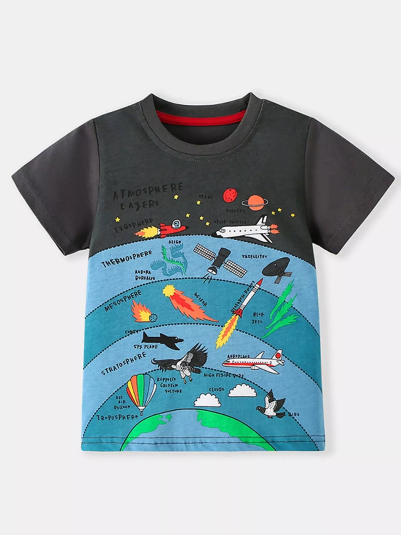 Gray children's round neck T-shirt with a colorful cartoon print of space rockets, planets and airplanes