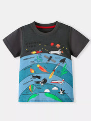 Gray children's round neck T-shirt with a colorful cartoon print of space rockets, planets and airplanes