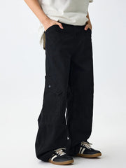 Men's black wide leg cargo pants with pockets.