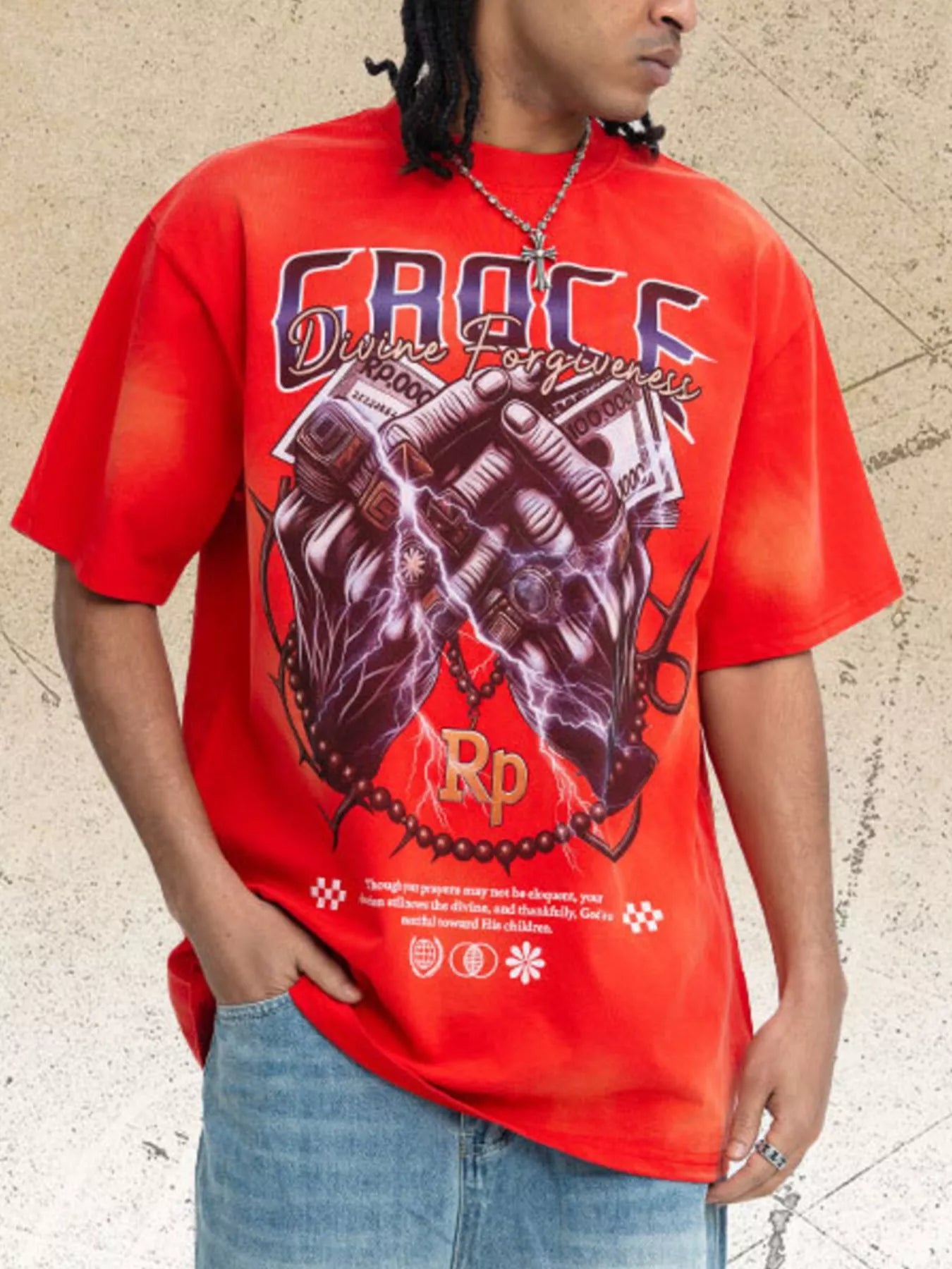 Men's cotton-blend graphic T-shirt with short sleeves and moderate stretch.