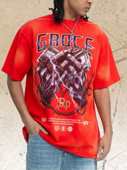 Men's cotton-blend graphic T-shirt with short sleeves and moderate stretch.
