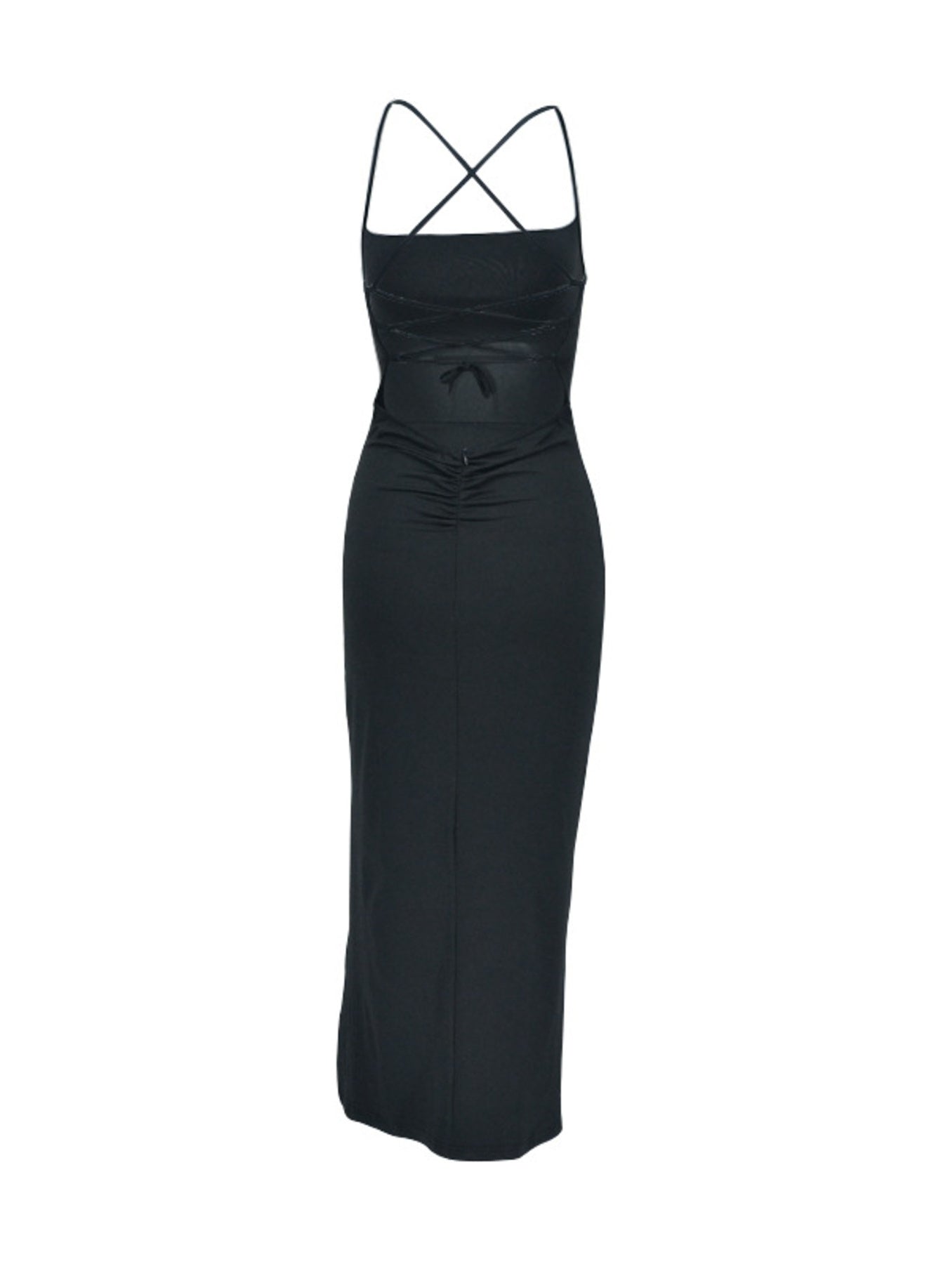 Black bodycon dress with crisscross lace up back detail displayed flat from behind