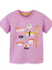 Front view of a dusty pink children's t-shirt with smiling sushi pieces and orange chopsticks