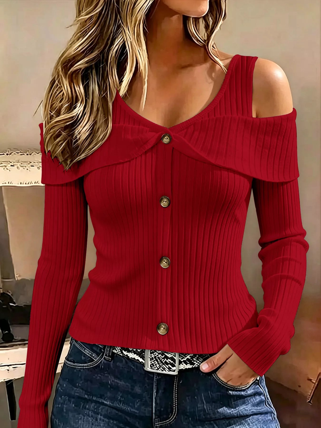 Red cold shoulder ribbed knit top with foldover collar and front buttons, front view