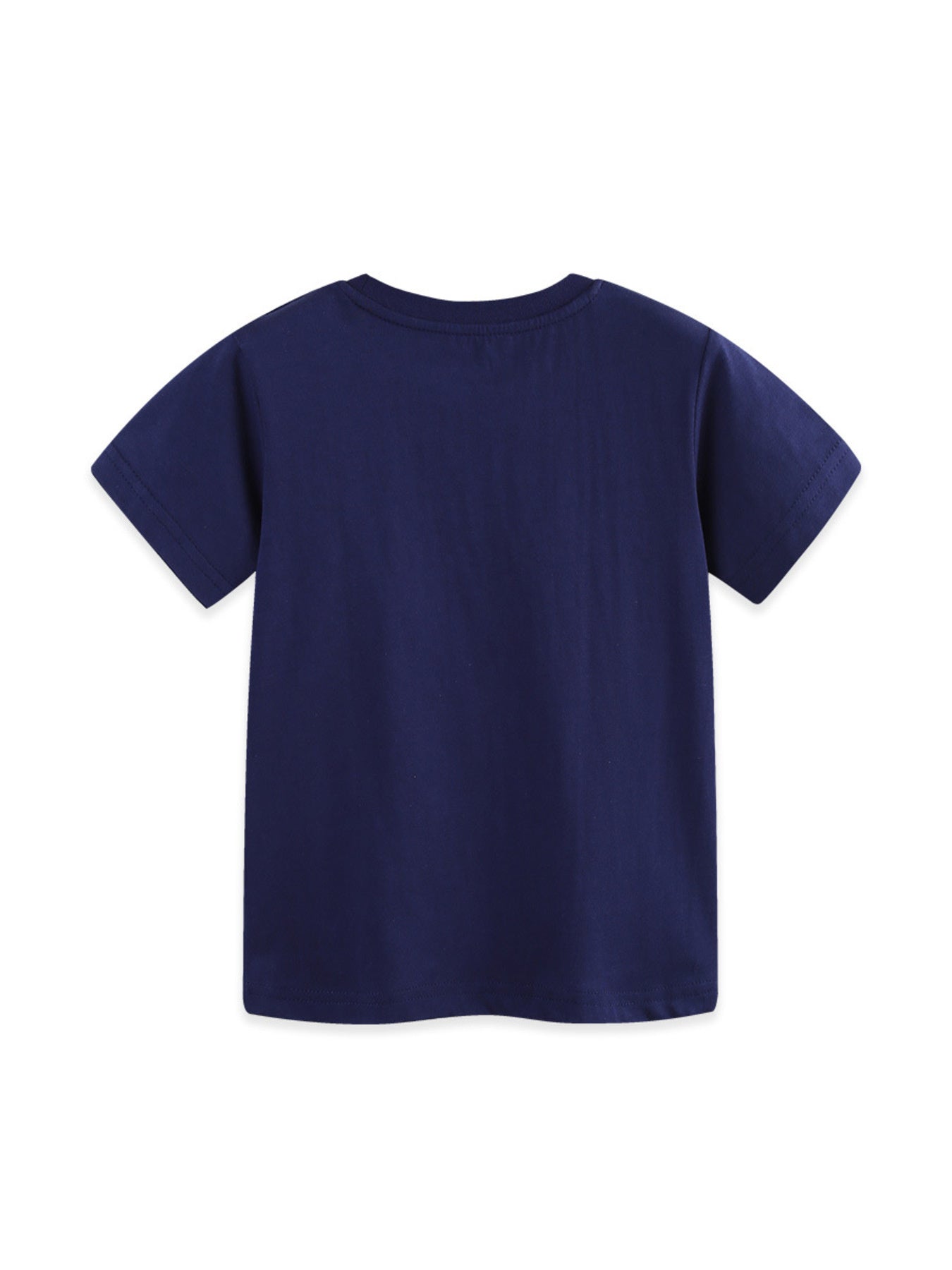 Back view, flat lay of a plain dark navy children's short sleeve tee
