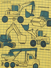 Close-up detail of the construction vehicle graphic with excavators, steamroller, and crane truck