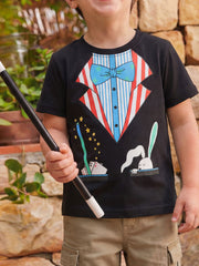 Children's black t-shirt worn in front view with magician costume, bow tie and rabbit graphic