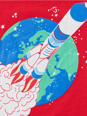 Close-up print detail showing the rocket and Earth on red children's T-shirt
