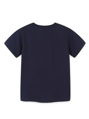 Back view of the plain black children's short sleeve t-shirt