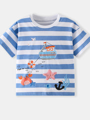 Blue and white striped children's round neck T-shirt with nautical boat and sea animal prints, laid flat