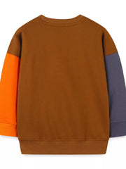 Back view of a children's caramel sweatshirt with orange and gray color blocked long sleeves