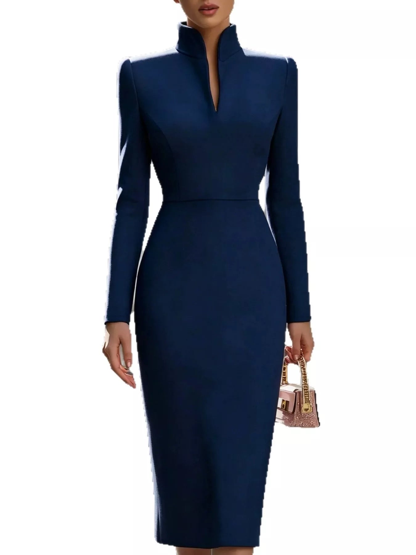 Navy stand collar long sleeve midi dress worn against a white background, front view