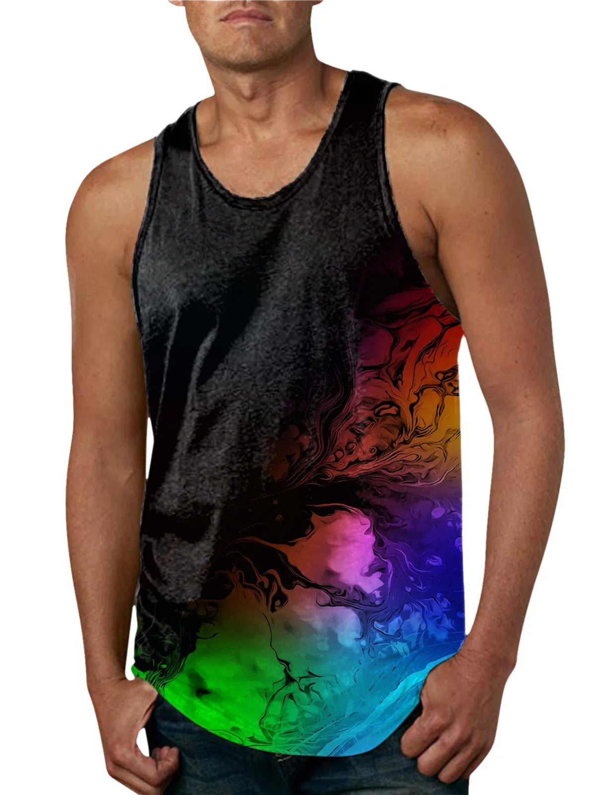 Men's printed round-neck tank top made from slightly stretchy polyester fabric.