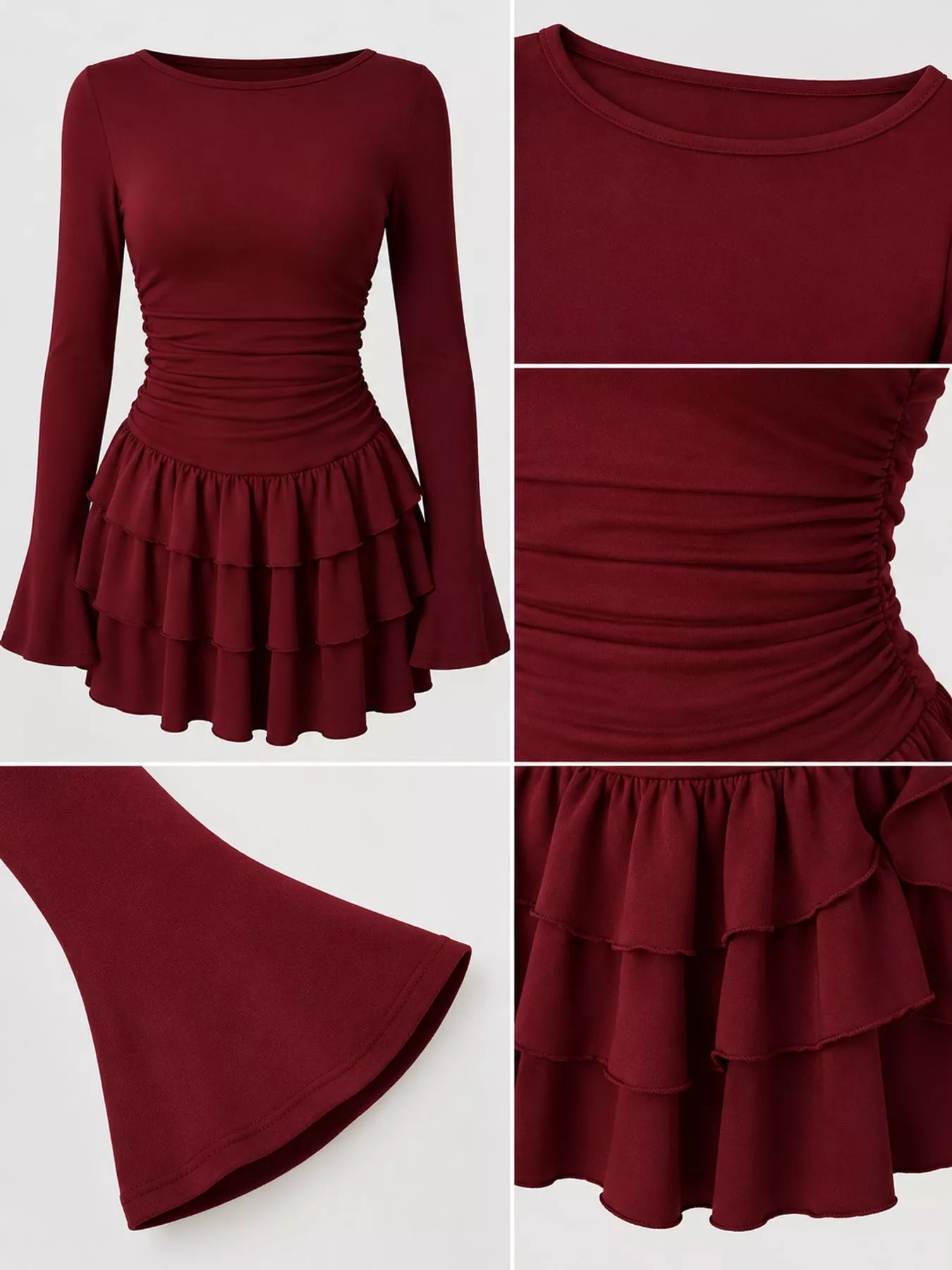 Burgundy long sleeve mini dress detail collage showing neckline ruched waist flared sleeve and tiered ruffles