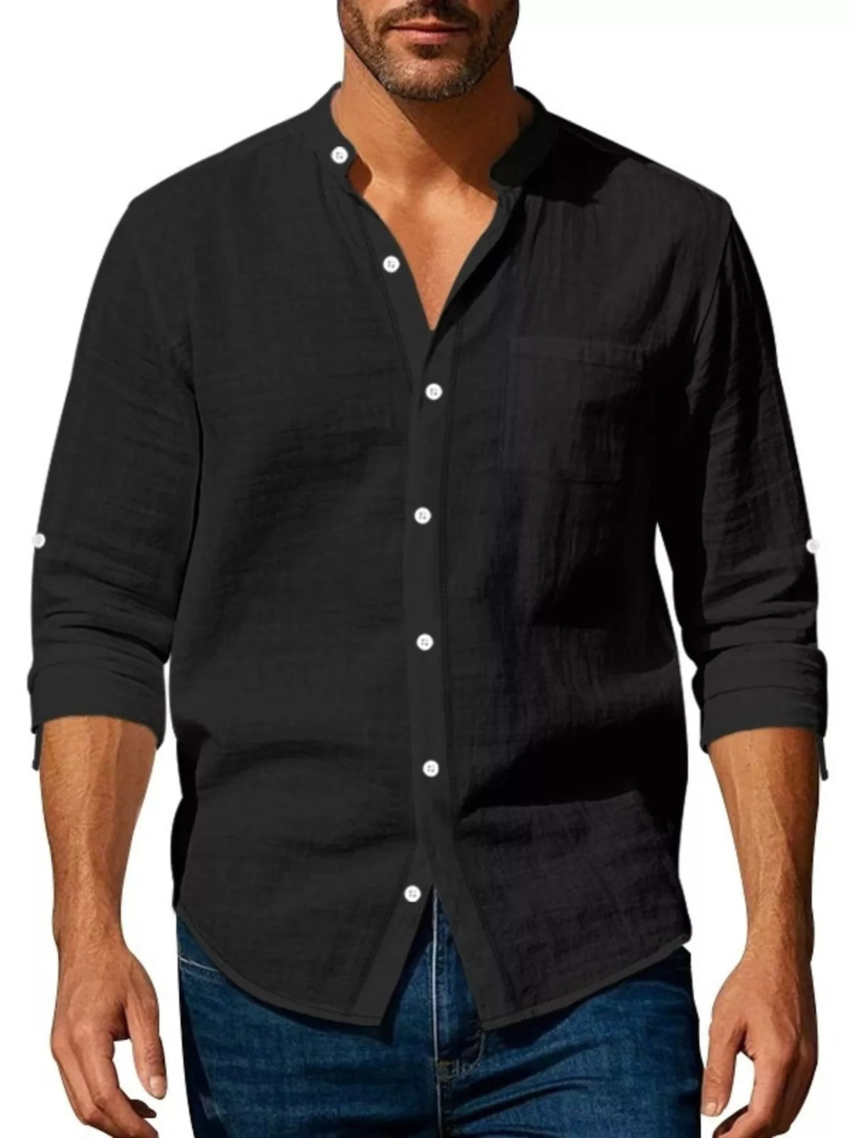 Men's long-sleeve button-up shirt with pockets and a plus-size range.
